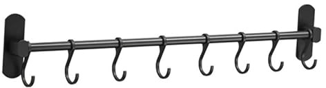 Barre Porte-Ustensiles Cuisine 50 cm Noire en Aluminium Spatial, Fixation Adhésive sans Perçage, 8 Crochets Mobiles, Imperméable, Support Rangement Spatules & Casseroles pour Cuisine & Salle de Bain