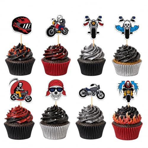 Arthsdite 24 Pcs Motorcycle Cupcake Toppers Biker Cake Decorations Skull Helmet Motorbike Cupcake Picks for Kids Birthday Racing Party Dessert Table Supplies