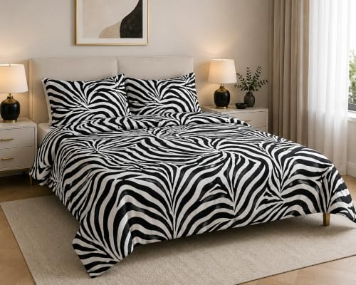 Completo Lenzuola Matrimoniale in Morbida Microfibra, Made in Italy – Set Letto con Lenzuolo Sopra, Sotto con Angoli e 2 Federe – Fantasia Zebrata Bianco e Nero, Resistente e Facile da Lavare