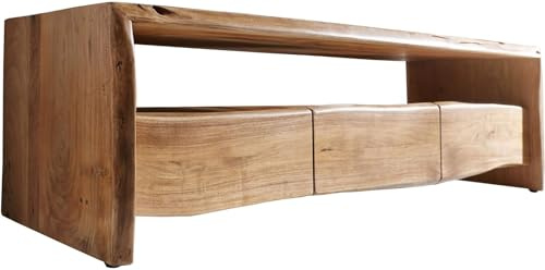 DELIFE Fernsehtisch Live-Edge Akazie Natur 145 cm Ablagefach offen | Baumkante Lowboard