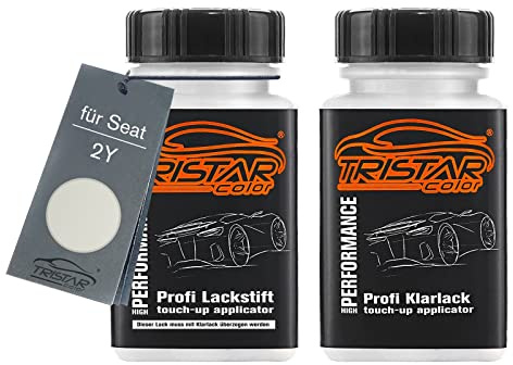 TRISTARcolor Autolack Lackstift für Seat 2Y Blanco Nevada Perl + Klarlack | Nevada White Perl, Set aus Basislack + Klarlack, Lackfläschchen mit Pinsel, je 50ml