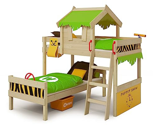 Wickey Kinderbett Etagenbett Crazy Jungle - apfelgrün/gelbe Plane Hausbett, 90 x 200 cm Hochbett aus Massivholz mit Spielzeugzubehör für Kinder - individuell Gestaltbar