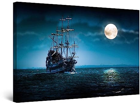 Startonight Quadro su Tela Nave e la Luna Sulla Pittura del Mare Blu, Quadri Moderni Stampe Camere da Letto Stampe Incorniciate 60x90 cm, Decorazione Parete, Idea Regalo Elegante Luminoso al Buio