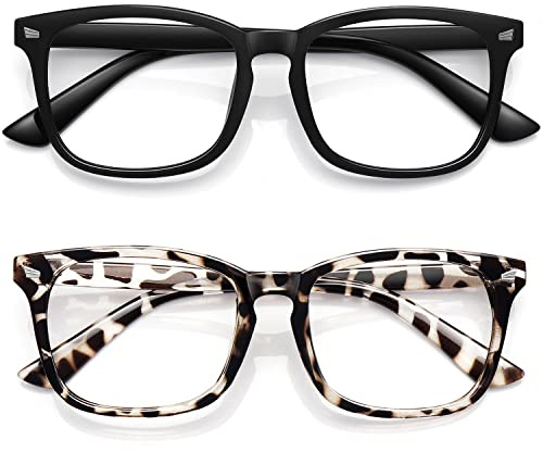 WOWSUN Unisex Stylish Nerd Non-prescription Glasses Clear Lens Eyeglasses Fashion Nerd Glasses Frames Fake Eye Glasses (2 PACK Leopard Black Frame)
