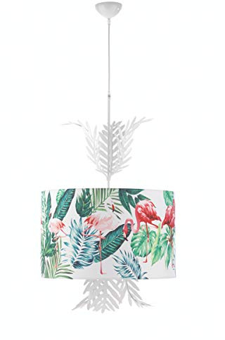 ONLI - Lampada a sospensione Fenicottero, paralume in stoffa con stampe tropicali su fondo bianco. Diametro 48cm. Asta centrale decorata con foglie di felce in metallo bianco