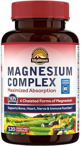 Vitalitown Magnesium Complex Supplement 500mg - NSF Certified Magnesium Glycinate, Malate, Taurate & Citrate - Chelated High Absorption & Gentle on Stomach - Vegan Non-GMO 120 Capsules