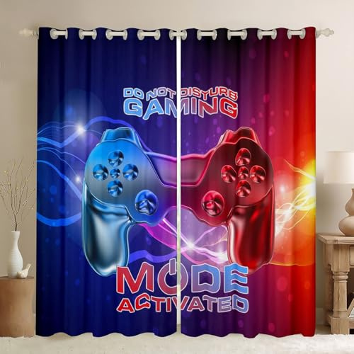 Tbrand Gaming Curtains Galaxy Nebula Blue Red Gradient Curtains for Bedroom Living Room Kids Boys Video Game Gamepad Windows Drapes Novelty Game Controller Room Decoration,W46*L54