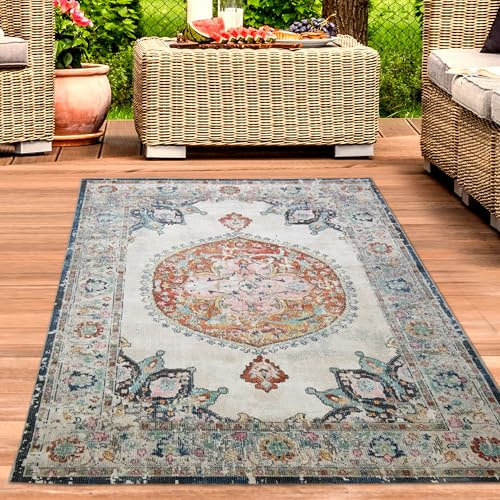 CARPETIA In- & Outdoor Teppich Vintage Orientmuster Bunt 200x290 cm | Pflegeleicht, wetterfest, farbecht und strapazierfähig, OEKO-TEX geprüft, für Fußbodenheizung, Balkon & Terrasse
