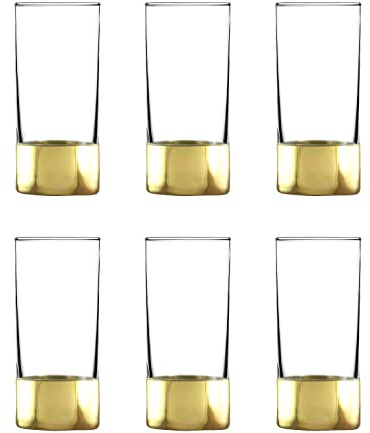 Highball Glasses Set of 6 with Gold Rim and Heavy Base/Tumbler Drinking Glasses Decorated with Unique Gold Ornament/Gift for Women, Men - 300ml (Plain Gold)