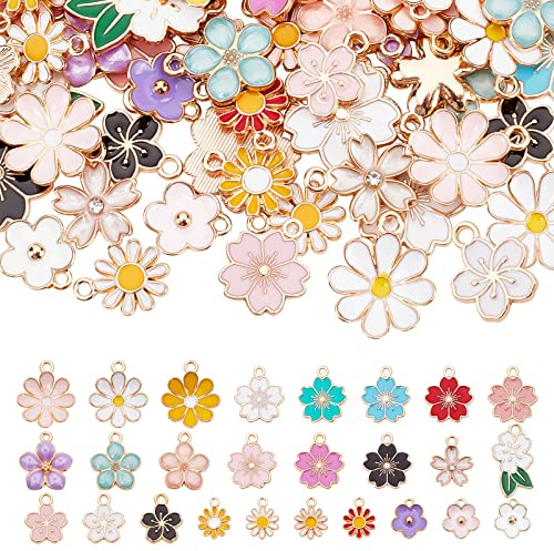 PandaHall 26 Stil Emaille Blumen Anhänger 104 Stück Bunte Themen Charms Gänseblümchen Kirsch Baumeln Vergoldeter Emaille Charm Für Halskette Ohrring Armband Schmuckherstellung