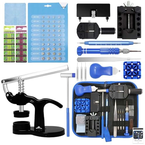 Kit Profesional de Reparación de Relojes, GLDCAPA Kit de Sustitución de pilas de Reloj con Maletín de Transporte, Herramienta de Extracción de Eslabones, Juego de Prensa de Reloj con 60 Pilas de Reloj