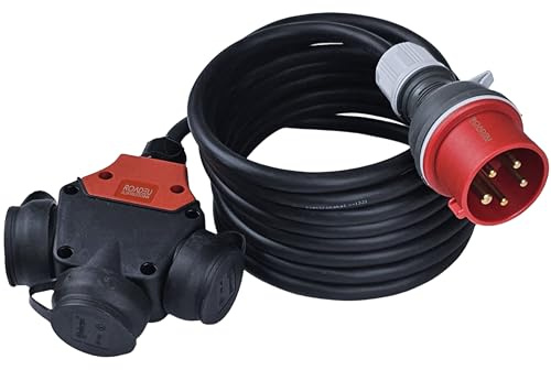 RoadEu CEE Starkstrom Adapter, CEE Stecker 16A, 380V auf 220V Adapter, 3X 220V Schuko Kupplung, 5x2,5mm Gummikabel 15 Meter. Adapter 16A auf 230V. Starkstrom Verteiler
