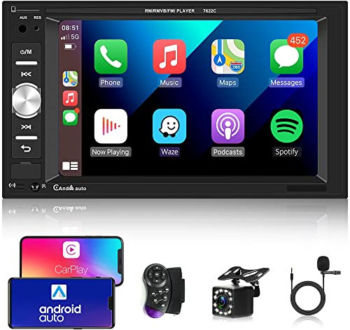 Apple Carplay Autoradio 2 Din mit Android Auto Bluetooth Freisprecheinrichtung 6.2 Zoll Touchscreen Autoradio mit Mirror Link FM/USB/AUX/EQ/TF Lenkradsteuerung + Rückfahrkamera Mikrofon Fernbedienung