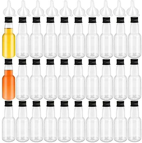 30 Pack 1.7oz Mini Liquor Bottles,50ml Plastic Spirit Alcohol Bottle with Black Cap,Miniature Sauce Bottles with 10 Funnels for Weddings,Party Supplies