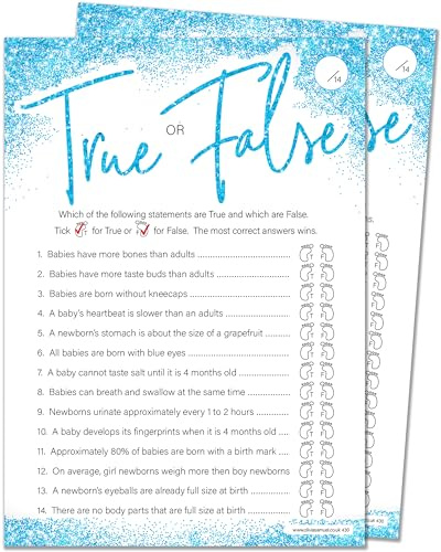 20 x True or False Boys Baby Shower Game - Blue Glitter Effect (20 Guest Cards + 1 Card of Answers for The Host + Winner's Certificate)