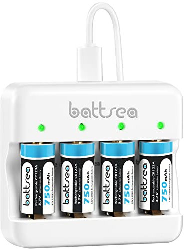 Battsea Lot de 4 piles au lithium rechargeables 123 A 750 mAh 3,7 V avec chargeur rapide, compatible avec caméra Arlo, lampes de poche, microphone, détecteur de fumée, rasoir électrique, réveil,
