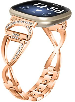 MVRYCE Armband für Sense 2, X-förmige Edelstahl-Strasssteine, verstellbares Fitnessarmband, kompatibel mit Fitbit Versa 3/Sense/Versa 4/Sense 2 (Roségold)