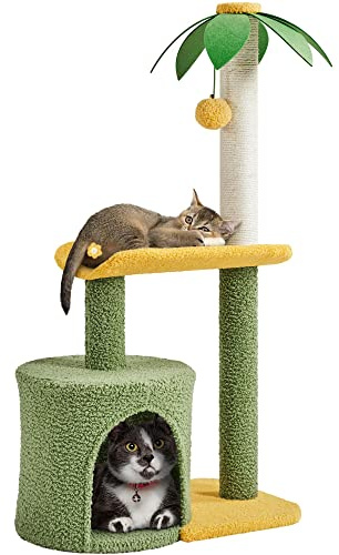 Abician Arbre à Chat avec Griffoir Design pour Chat Chaton 94cm Vert/Jaune | Poteau à griffer résistant, Boule, en Sisal, Perchoir Incurvé, Arbre à Grimper, Cachette Comfortable