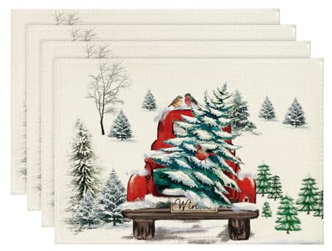 Artoid Mode Lastkraftwagen Bäume Weihnachten Platzsets 4er Set, 30x45cm Urlaub Winter Bankett Tischsets Waschbar Platzdeckchen Küche Party Deko