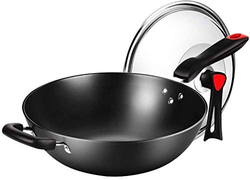 OQHAIR Wok - Wok de Hierro Fundido. Sartén para saltear. Base Suave y equilibrada sazonada con Aceite de linaza sin OGM Certificado por Kosher