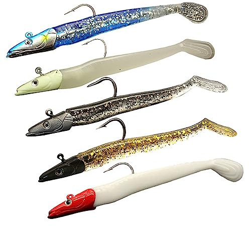 Weicher Gummi Köder Set Angelköder, 5er Pack Gummifische Kunstköder mit Jigkopf und T-Schwanz für Hecht Zander Barsch Forelle