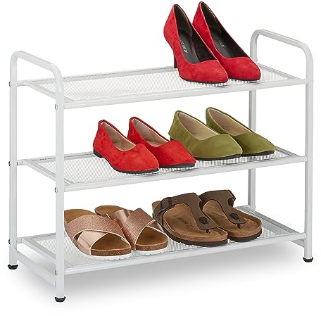 Relaxdays Schuhregal Metall Schuhablage, 3 Ablagen, weiß | Flur Schuhgestell
