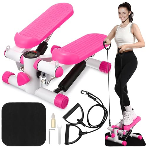 Lemosae Escalera escalonada para ejercicio, fitness, con capacidad de carga de 300 libras, mini escalera con monitor LCD y bandas de resistencia ajustables para entrenamientos de oficina en casa (rosa