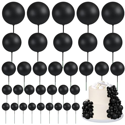 55Pcs Black Foam Ball Cake Toppers, 5 Sizes Balloon Picks for Cake Decor | Mini balloon stick, black cake ball. Ideal cake and cupcake decor for birthday, wedding, anniversary and baby shower parties