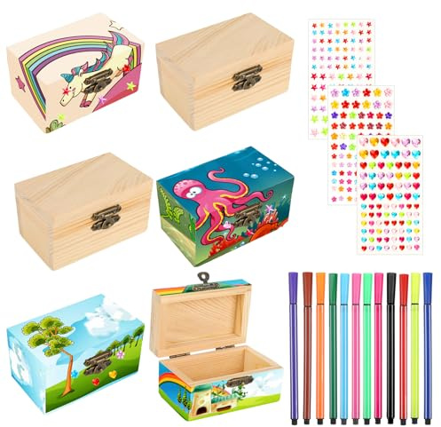 Vyuwast 6 Stück Mini Schatzkiste Holz Bastel Klein Schatztruhe Holzkiste | mit Deckel Holzschachtel mit Aquarellstift und Selbstklebende Glitzersteine, Schatzkiste Kindergeburtstag für Bemalen Basteln