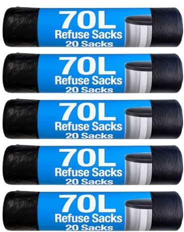 LND Gifts Refuse Sacks - Pack of 100-70 Litre Black Bags, Bin Bags, Durable Bin Liners for Pedal and Swing Bins Recycled Material and fully recyclable