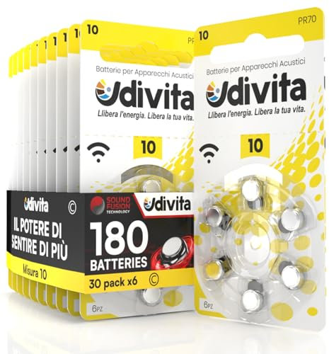 180 Pile Per Apparecchi Acustici Udivita Misura 10 Batterie Zinco Aria - 30 Blister da 6 Pile