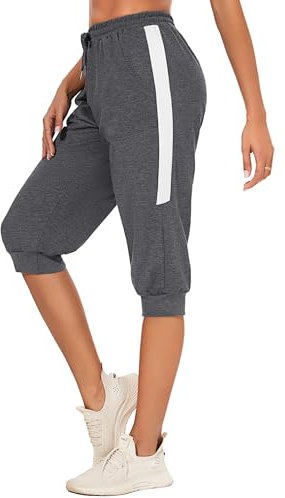 Litherday Sportbyxor för dam capribyxor dam sportbyxor träningsoverall dam sommar haklappar dam 3/4 beskurna byxor för yoga sport och casual storlek S-XXL, Mörkgrå, M