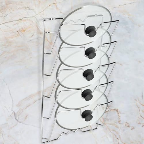 Haofy Kitchen Cupboard Cabinet Saucepans Pan Large Pot Lids Storage Rack Lid Holder Organiser for Cupboard Door or Wall, Iron Material with Chrome Finish, Silver, 43.4 x 27.8 x 9.7cm