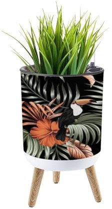 Pot de fleurs botanique tropical vintage avec capteur de niveau d'eau, 35,6 cm, pot de fleurs décoratif avec pieds en bois massif pour plantes d'intérieur et d'extérieur avec feuilles de palmier,