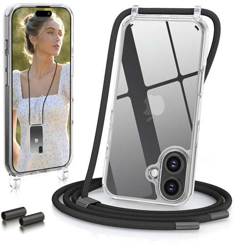 GOODVISH Handykette für iPhone 16 Hülle mit Band Transparent, Schwarz | Kameraschutz und Bildschirmschutz, Necklace Handyhülle mit Schnur Schutzhülle für zum Umhängen Case 16 mit Kordel 6.1