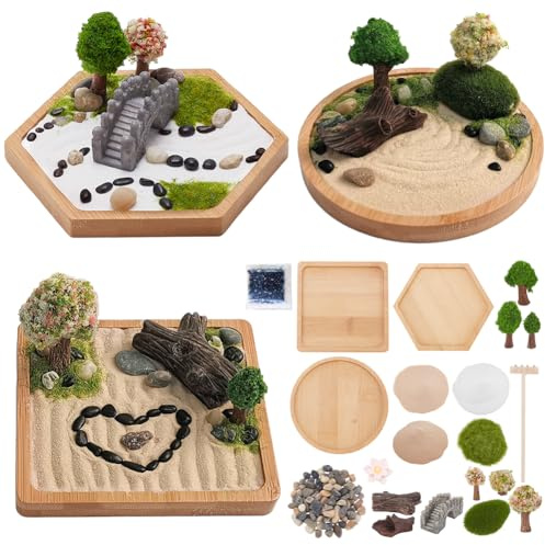 WEBEEDY 3 Sets Mini Zen Garden Kit Japanese Desktop Zen Garden Kit Cute Zen Home Office Desktop Decor Craft Accessories