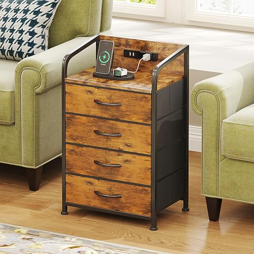 CAIYUN Table de chevet avec fonction de charge, table d'appoint avec 4 tiroirs en tissu, tables de chevet avec connexions USB et prises de courant, tables d'appoint pour salon, chambre (brun vintage)