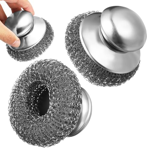 CLISPEED 2 Pcs Stainless Steel Scrubbers with Handle - Heavy Duty Metal Scourers for Cleaning Dishes, Pots, Pans, Grills - Kitchen Cleaner Brush, Rust-Resistant, Ergonomic Design