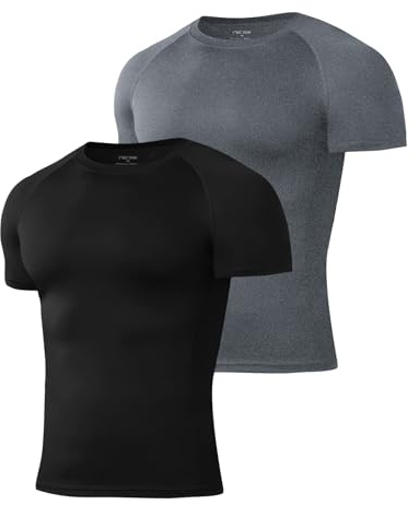 Niksa 2Packs Compression Tops for Men Short Sleeve Running T-Shirts Mesh Design Quick Dry Base Layer Shirts for Gym Sports Fitness Workout Cycling,Training, Black and Grey,S
