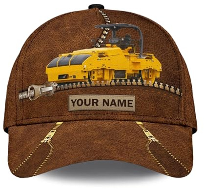 Laufkappe Gelber Bagger Und Braunes Leder Docker Cap Soft Basecap Klassische Baseball Hut Für Outdoor-Aktivitäten Golf Tennis