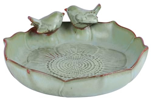 UANYEMON Ceramic Bird Bath Bowl with Perched Birds - Premium Outdoor Tabletop Birdbath Basin in Weather-Resistant Glaze - Usable on Ground, Deck or Tabletop