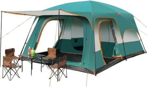 Tenda Campeggio 5-8 persone, 4 Stagioni Doppio Strato Tent Familiare Tunnel Zaino Copertura impermeabile Antivento pavimento cucito Attività All'aperto Viaggi (DarkGreen, 5-8People)