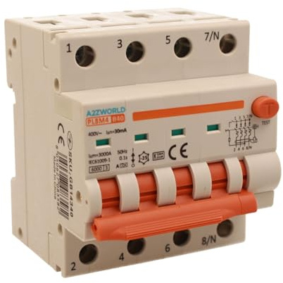 Interrupteur différentiel magnétothermique triphasé 380V Type A 40A B40, 4P Réels (NO 3P+N), Courbe B 6kA 30mA, Double Levier avec Diagnostic Visuel, 4 Modules DIN, Série PL8M4