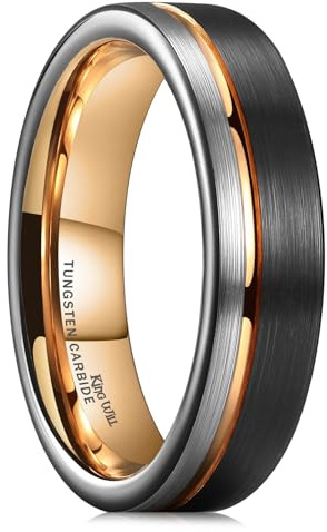 King Will Bague Homme 6mm Tungstène – Alliance Mariage avec Ligne Rosée, Finition Brossée Noir et Argent, Confortable 56.9 (18.1)