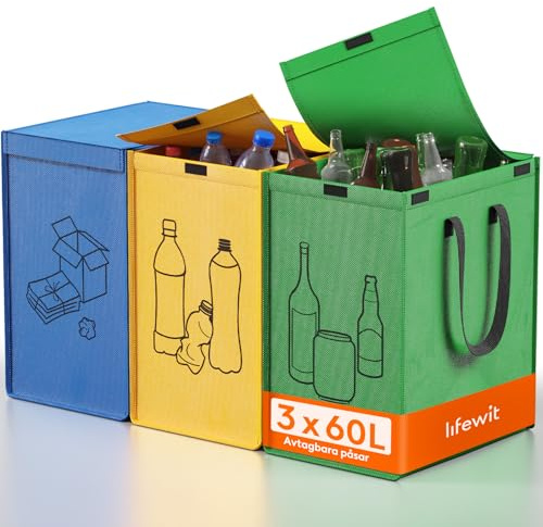 Lifewit Avfallssepareringssystem med lock, papperskorg med 3 fack vardera 60 l | Återvinningsbehållare för papper, glas och plast, även som avfallspapper och pantflaskor i hushållet