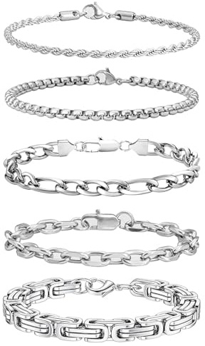 JENCVNL Herren Armband, 5 Stück Edelstahl Armbänder für Männer Silber Panzerkette Glieder Link Armband Herrenarmbänder für Männer Jungs Geschenke für Ehemann Papa Sohn Bruder-19/21/23cm