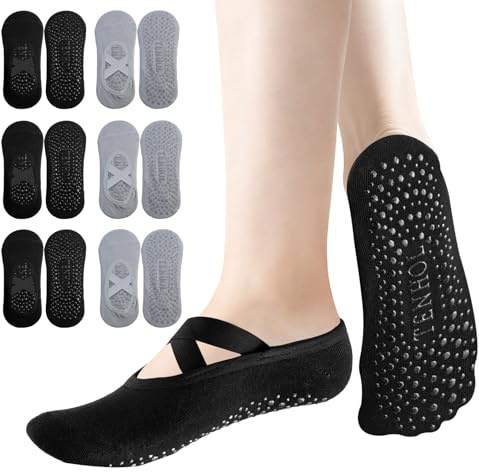 FICOFISE 6 par ventilerande och halkfria yoga- och pilatesstrumpor för kvinnor EU 34–40 med bekväma korsremmar – perfekta för yoga, pilates, balett, dans och fitness som halkfria stoppstrumpor