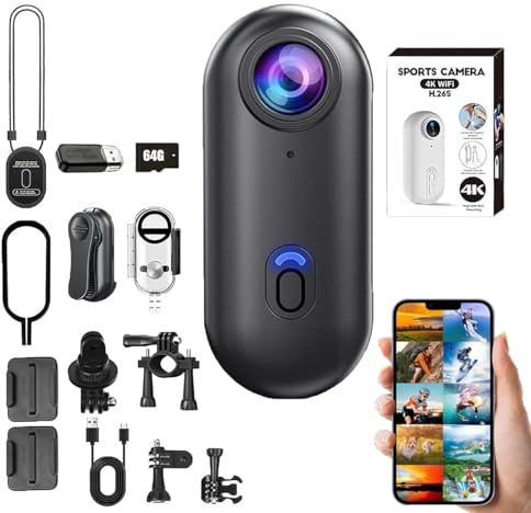 HOLVA Mini videocamera HD 4K, rotazione a 360°, portatile, da 64 GB, videocamera POV, impermeabile, subacquea, magnetica, per sport, ciclismo, animali domestici, viaggi, vlogging (nero)