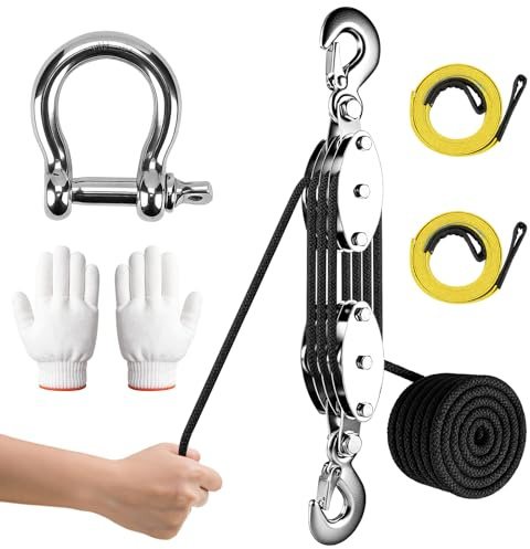 Flaschenzug Set 2000 kg Max.,8:1 20m Seil Hebebändern Handschuhen für Forst | Arbeitssparender Set 300 kg WLL Umlenkrolle 270° Drehbar, Handseilzug für Jagd, Garage, Forst
