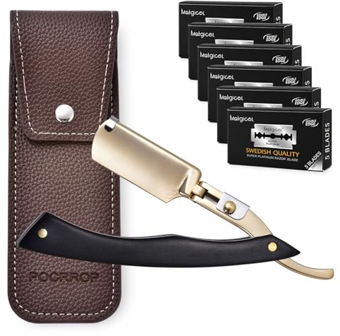 Coupe Chou Barbe Rasoir Homme Plaqué Or 24K - Rasoir de Barbier Manuel avec Manche en Bois de Pakka - Inclut 30 Lames en Acier Inoxydable Suédois et Étui en Cuir - Kit de Précision Vintage (Or)